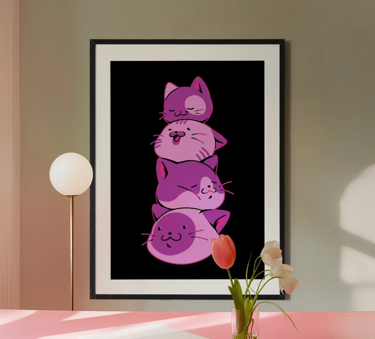 Mucchio di teste di gatto Kawaii poster con telaio in legno da Tobe Fonseca