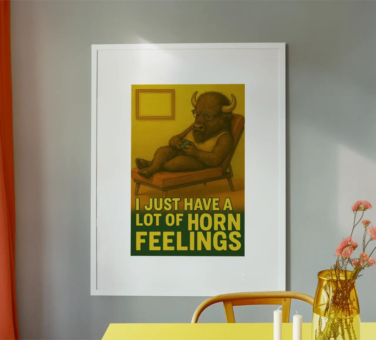 Meme divertente sul bisonte poster con telaio in legno da Funny Humor Art