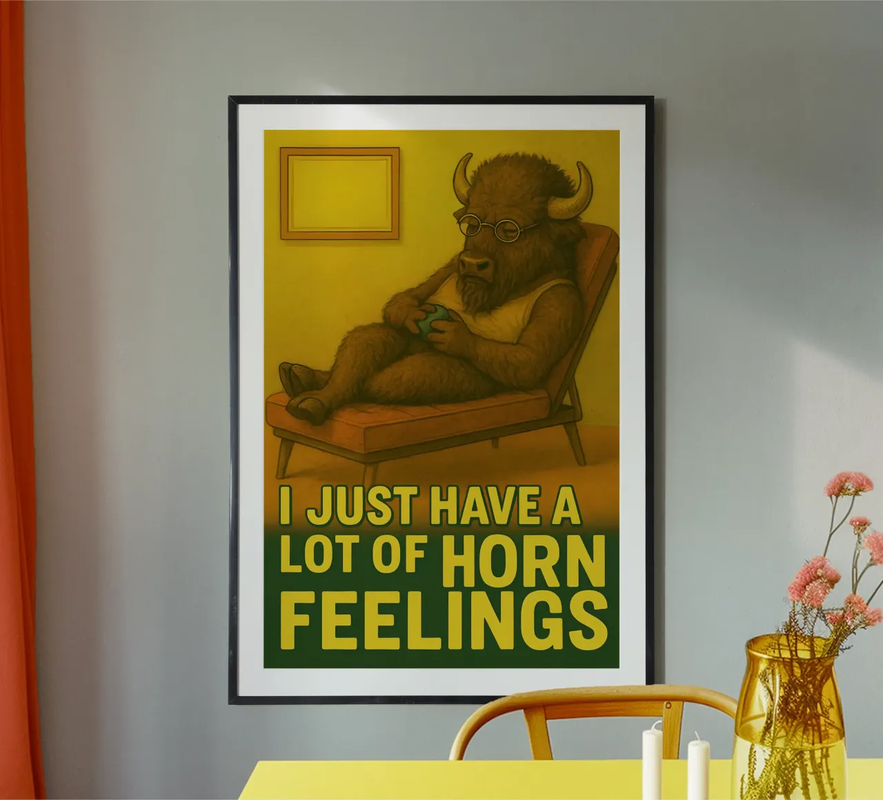 Meme divertente sul bisonte poster con telaio in legno da Funny Humor Art