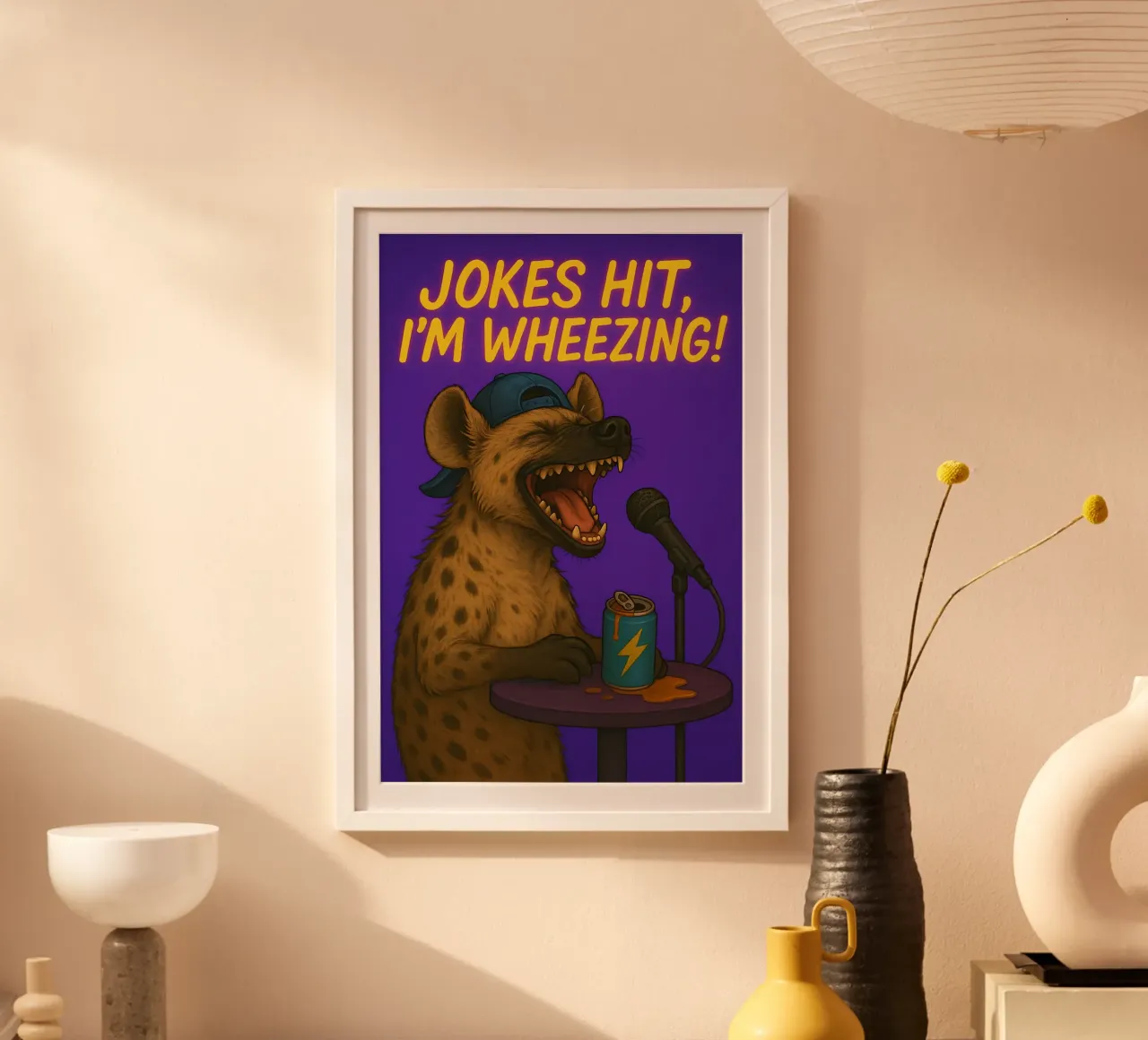 Meme divertente della iena poster con telaio in legno da Funny Humor Art