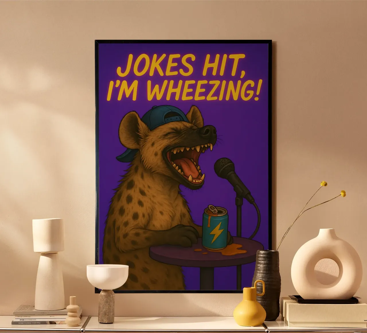 Meme divertente della iena poster con telaio in legno da Funny Humor Art