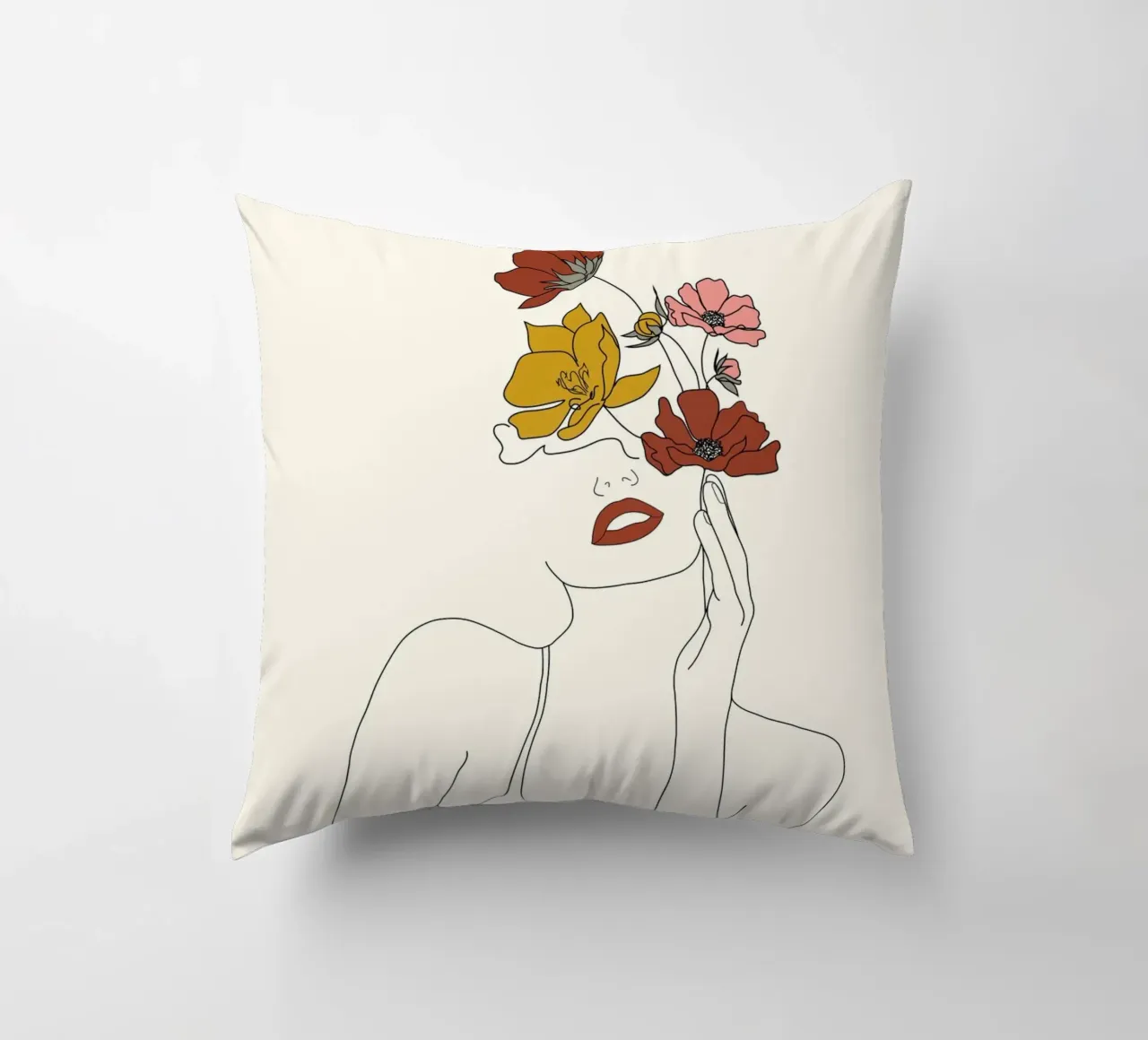 Colorful Thoughts Minimal Line Art Woman with Flowers cuscino da Nadjaa