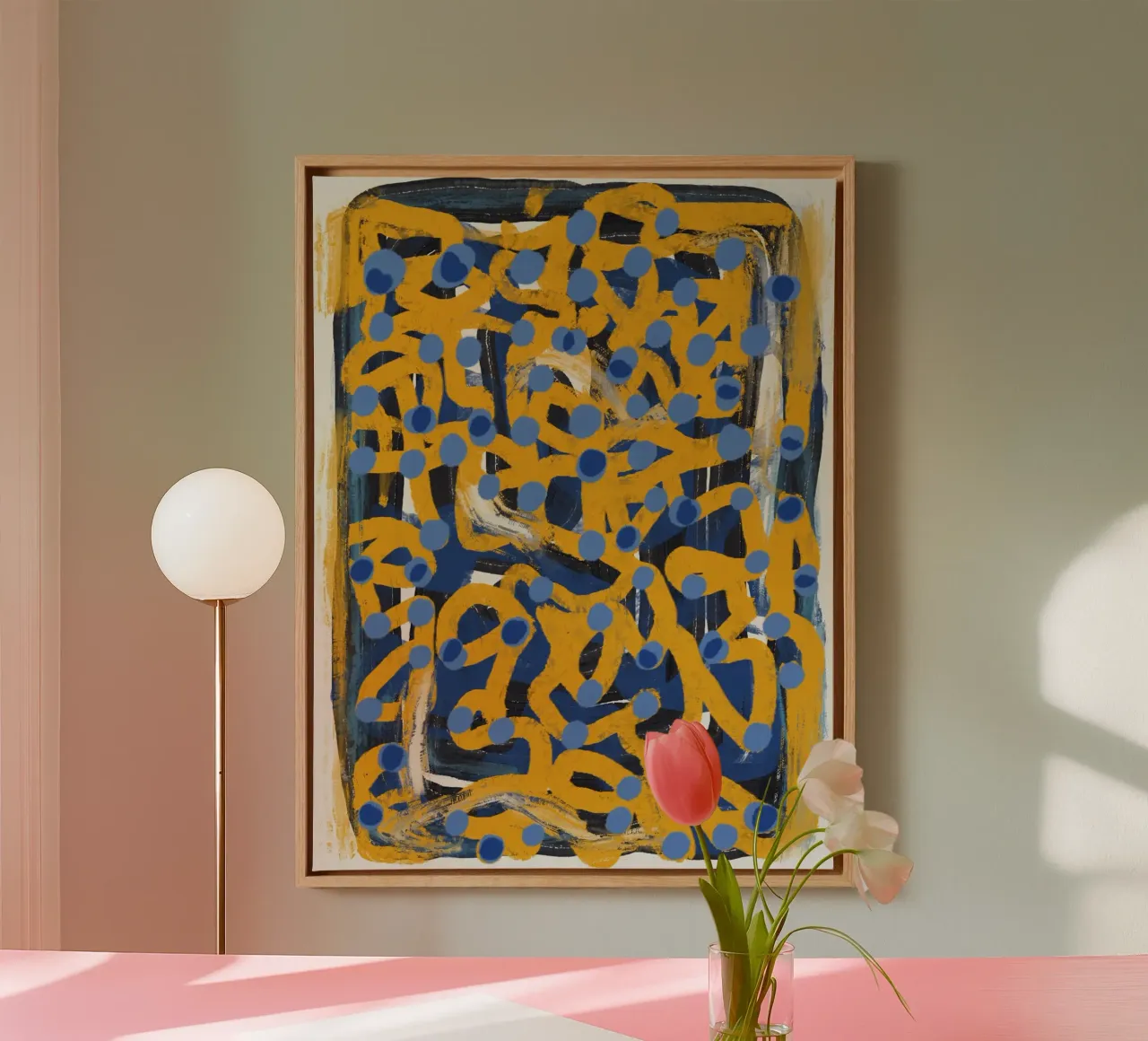 Lijnkunst abstract blauw polka dot canvas met Baklijst van Little Dean
