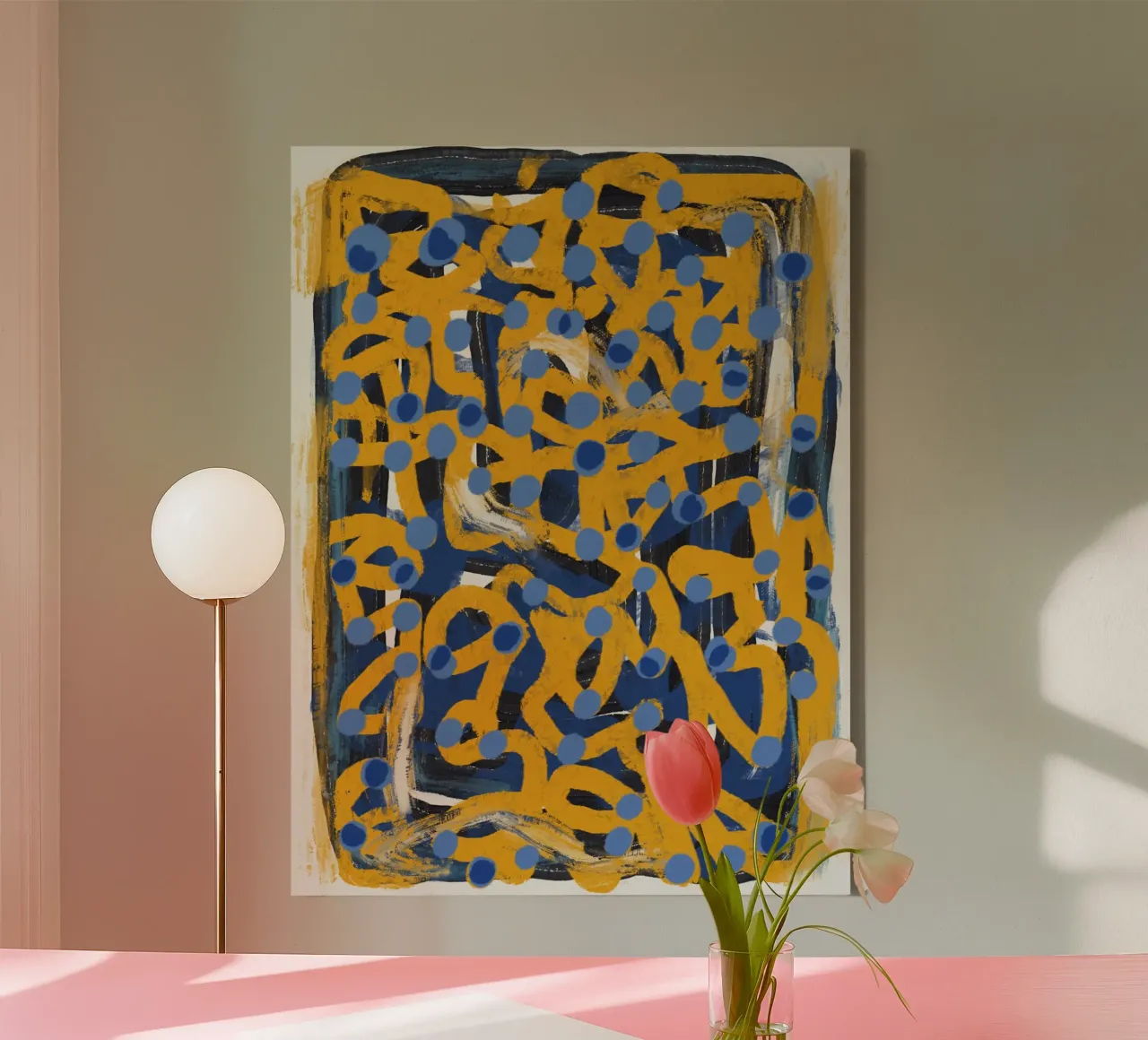 Lijnkunst abstract blauw polka dot canvas met Baklijst van Little Dean