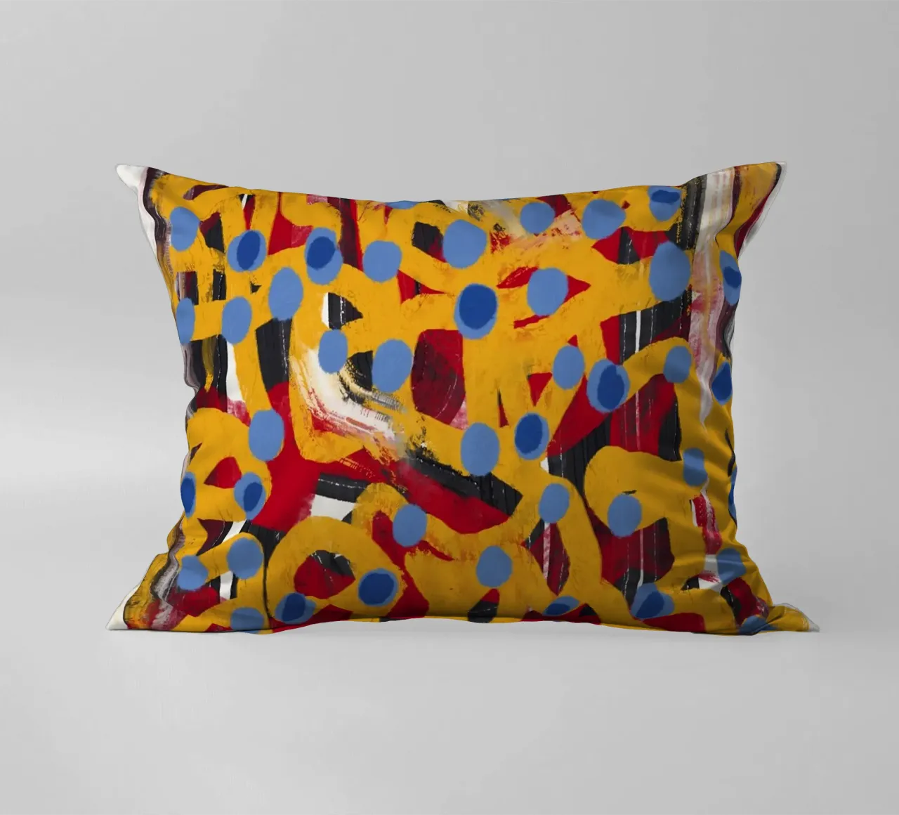 Ligne jaune en pointillés art abstrait bleu à pois coussin de Little Dean
