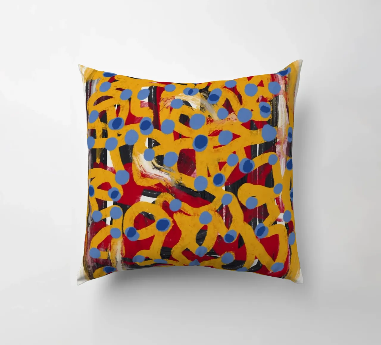 Ligne jaune en pointillés art abstrait bleu à pois coussin de Little Dean