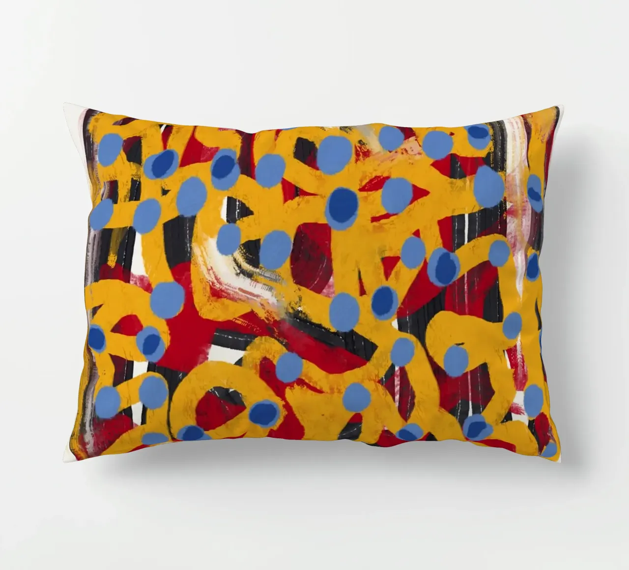 Ligne jaune en pointillés art abstrait bleu à pois coussin de Little Dean
