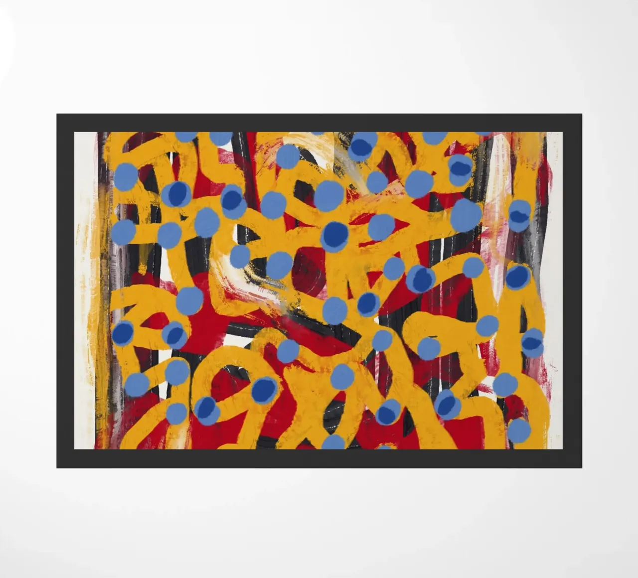 Ligne jaune en pointillés art abstrait bleu à pois paillasson de Little Dean