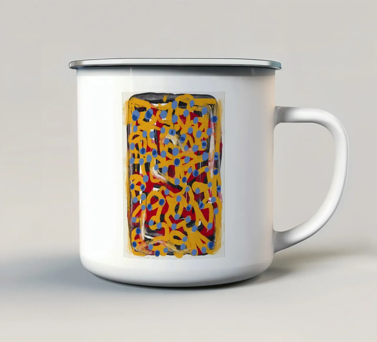 Ligne jaune en pointillés art abstrait bleu à pois mug en émail de Little Dean