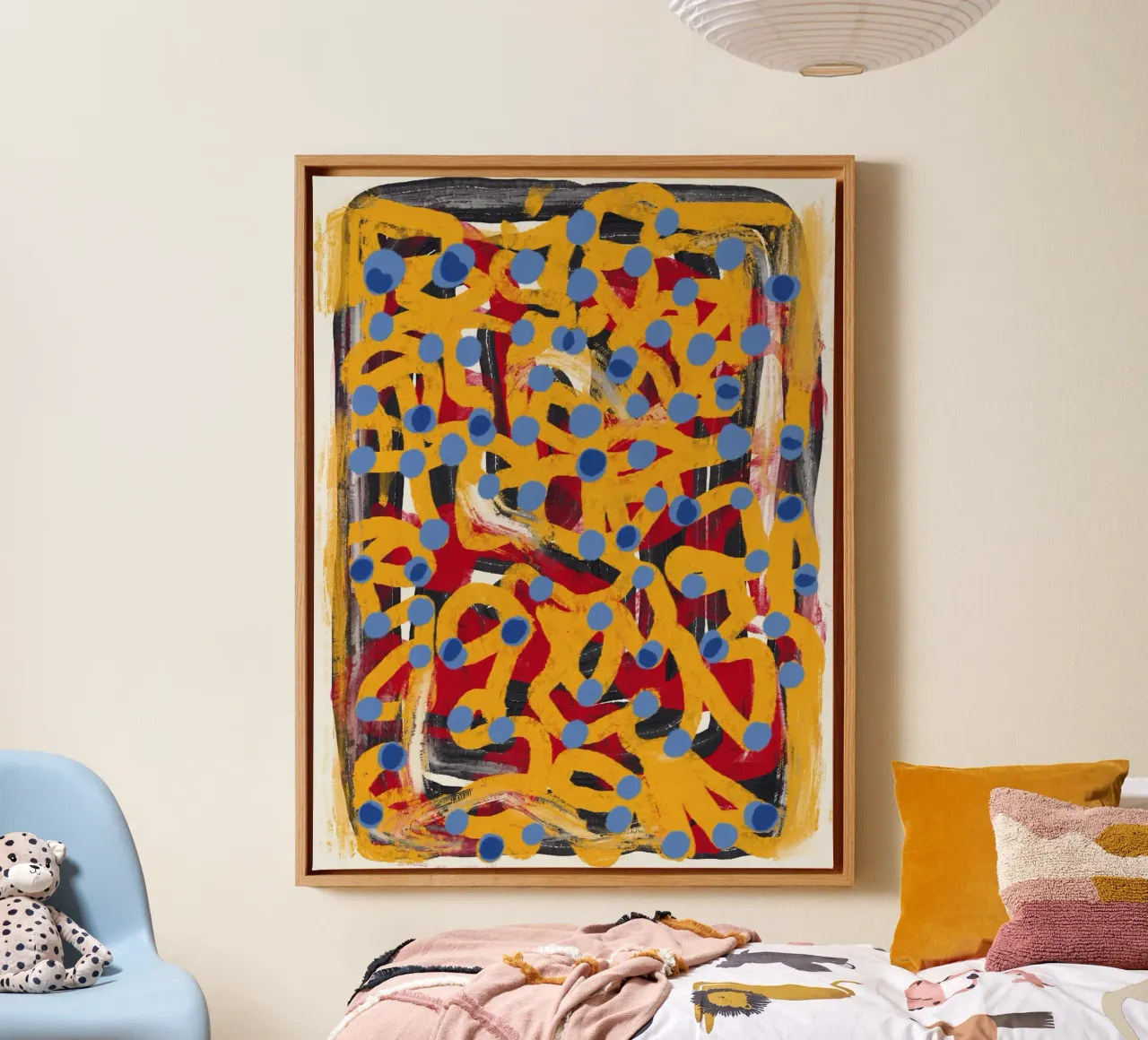 Gele stippellijn kunst abstract blauw polka dot canvas met Baklijst van Little Dean