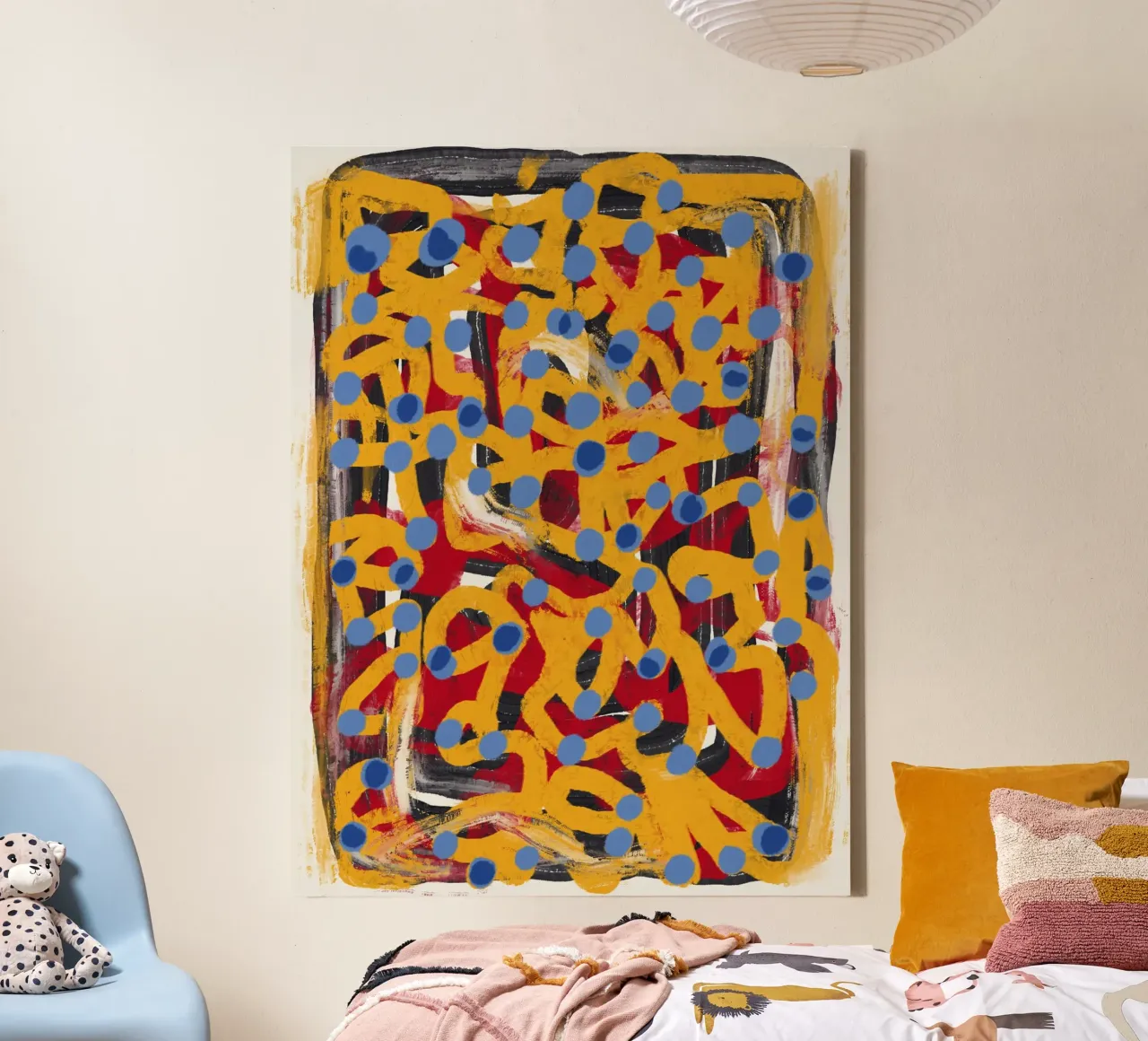 Gele stippellijn kunst abstract blauw polka dot canvas met Baklijst van Little Dean