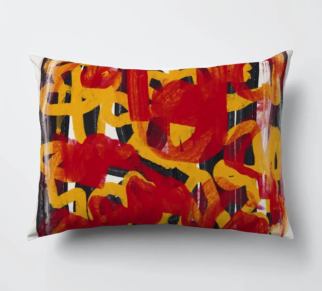 Ligne jaune en pointillés, abstraite, rouge, superposée coussin de Little Dean