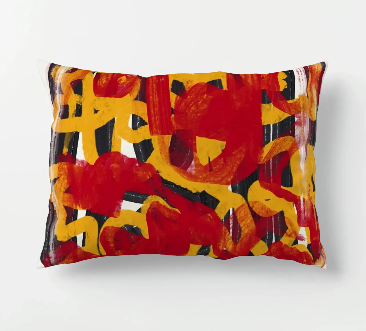 Ligne jaune en pointillés, abstraite, rouge, superposée coussin de Little Dean