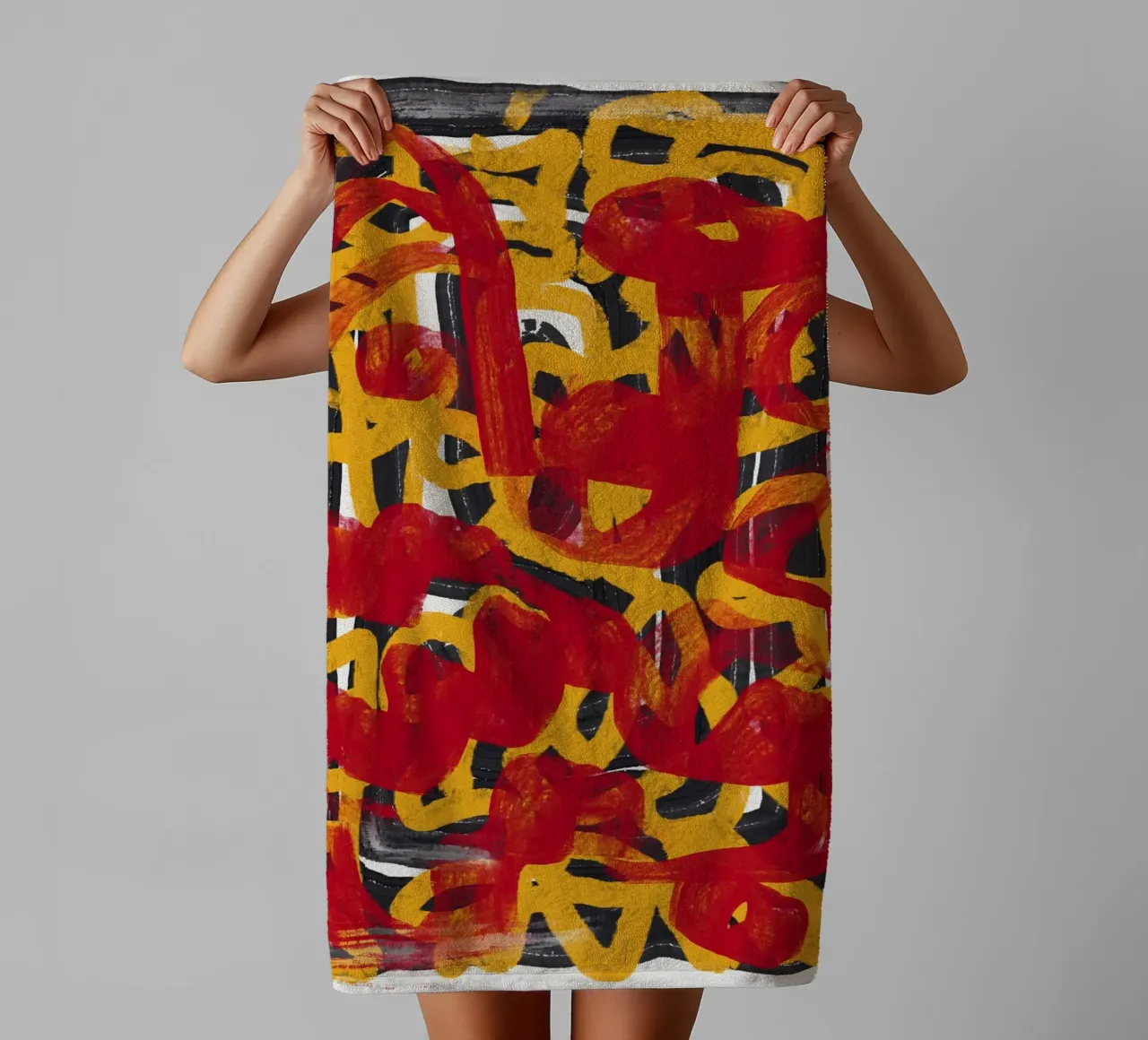 Ligne jaune en pointillés, abstraite, rouge, superposée serviette de bain de Little Dean