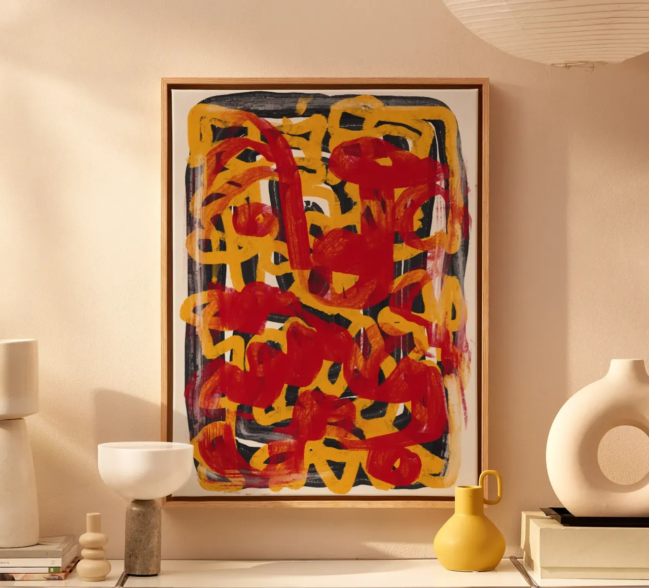 Yellow dotted line art abstract red overlay canvas by Little Dean