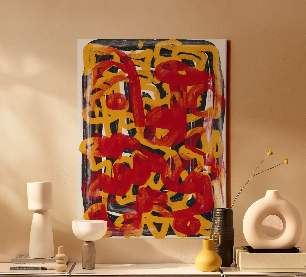 Yellow dotted line art abstract red overlay canvas by Little Dean