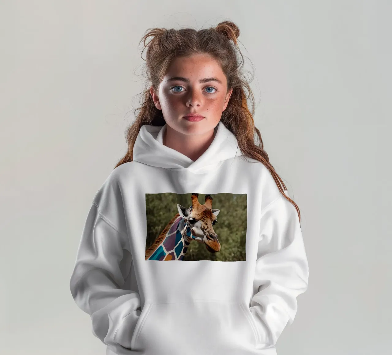 Giraffe with vibrant colors patterns stands gracefully kids hoodie by DesignDoodle