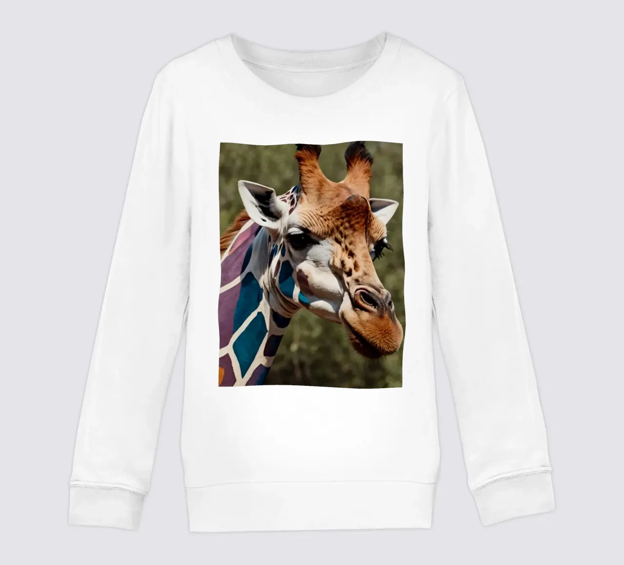 Giraffe with vibrant colors patterns stands gracefully kids sweatshirt by DesignDoodle