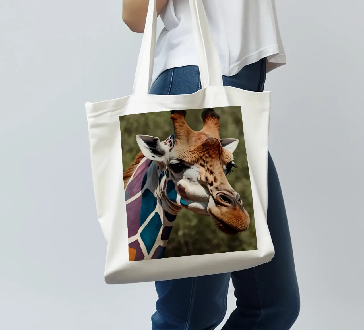 Jirafa con motivos de colores vibrantes de pie con gracia tote bag de DesignDoodle