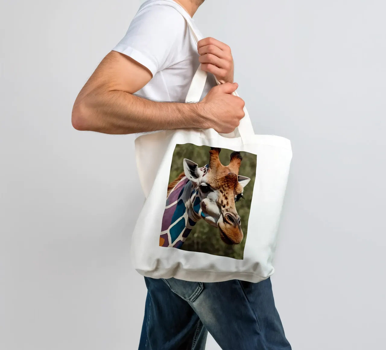 Jirafa con motivos de colores vibrantes de pie con gracia tote bag de DesignDoodle