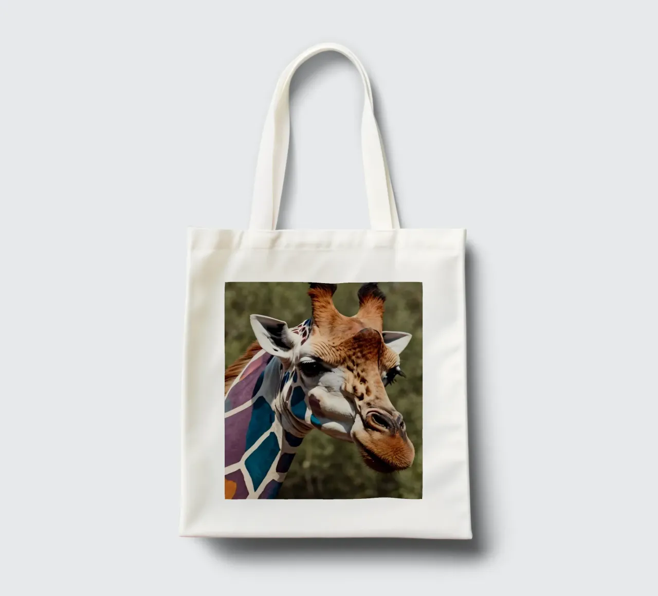 Jirafa con motivos de colores vibrantes de pie con gracia tote bag de DesignDoodle