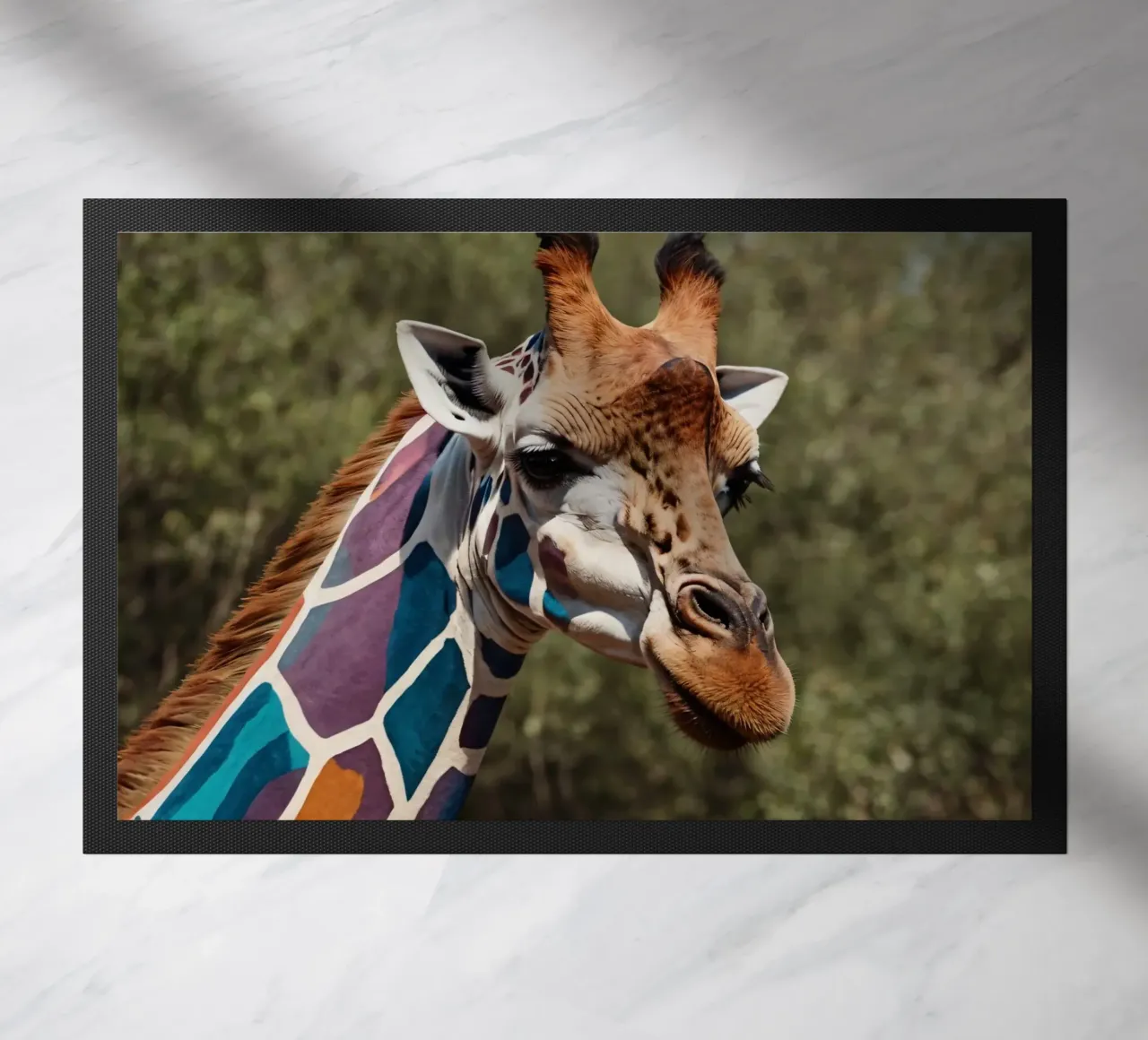 Giraffe with vibrant colors patterns stands gracefully doormat by DesignDoodle