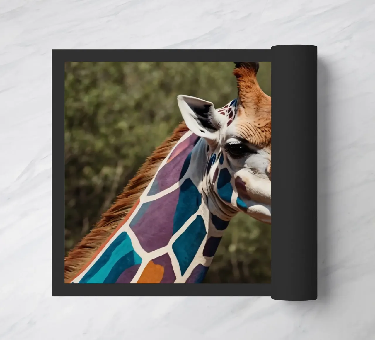 Giraffe with vibrant colors patterns stands gracefully doormat by DesignDoodle