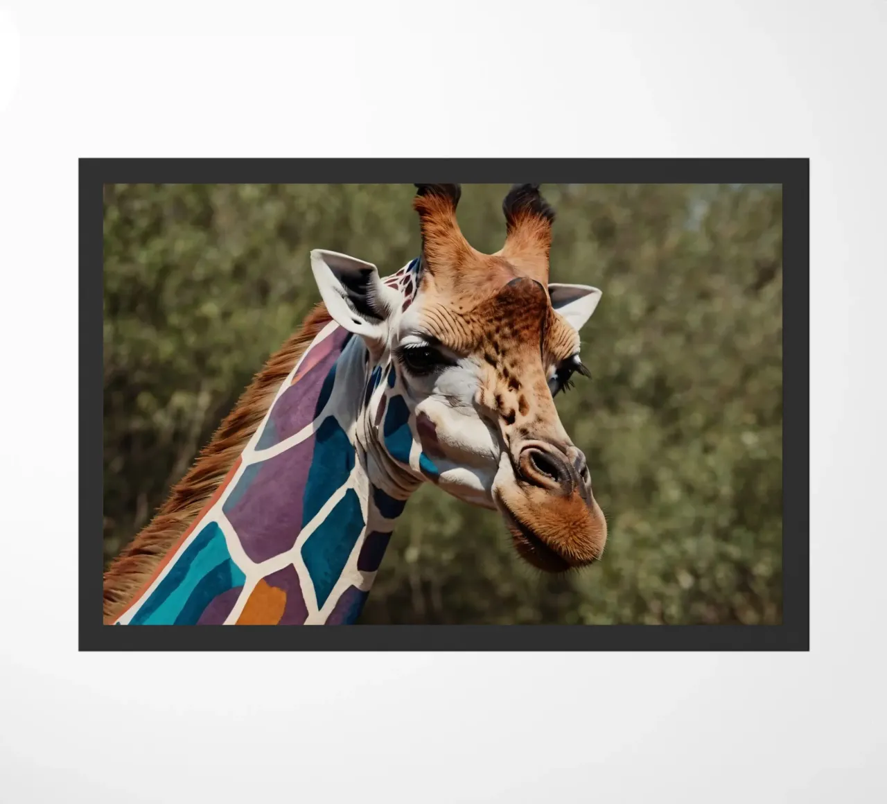 Giraffe with vibrant colors patterns stands gracefully doormat by DesignDoodle