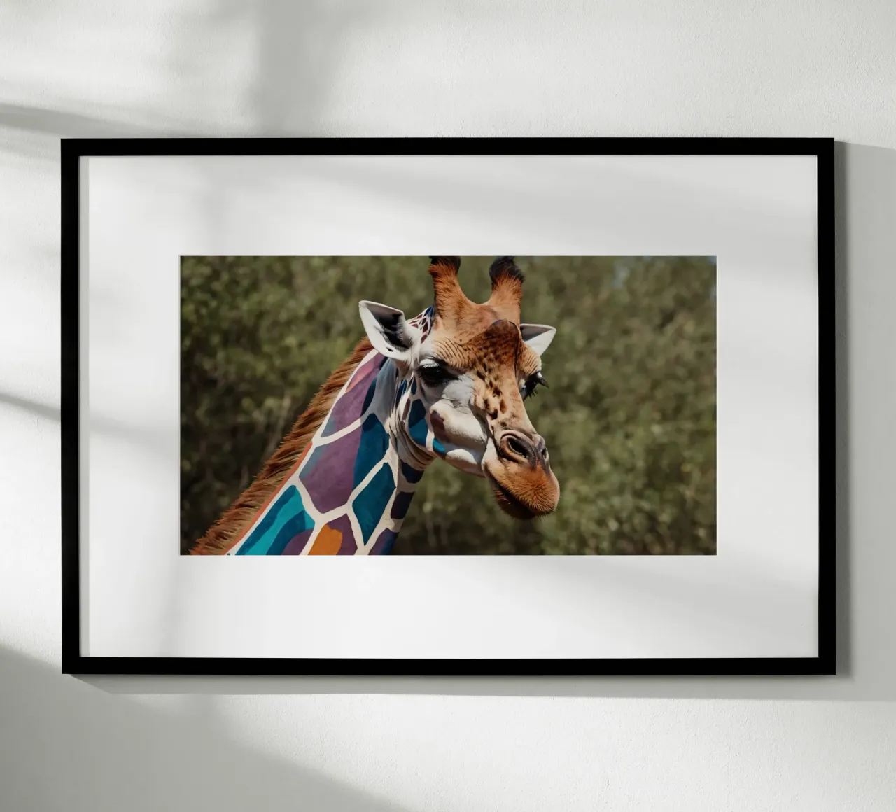 Giraffe with vibrant colors patterns stands gracefully hahnemühle by DesignDoodle