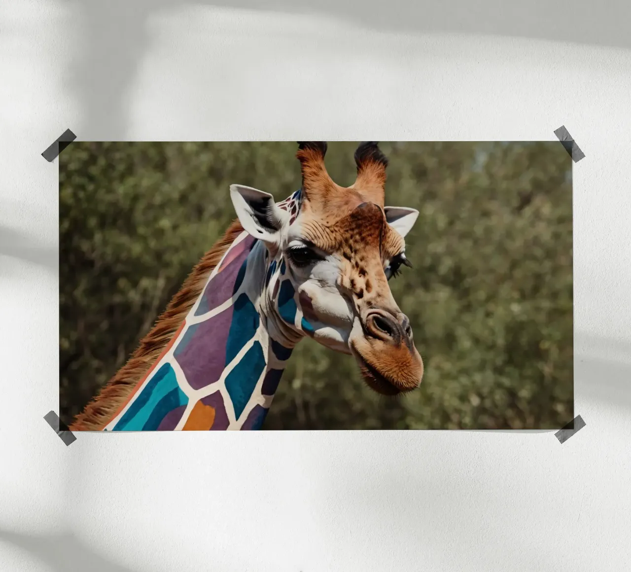 Giraffe with vibrant colors patterns stands gracefully hahnemühle by DesignDoodle