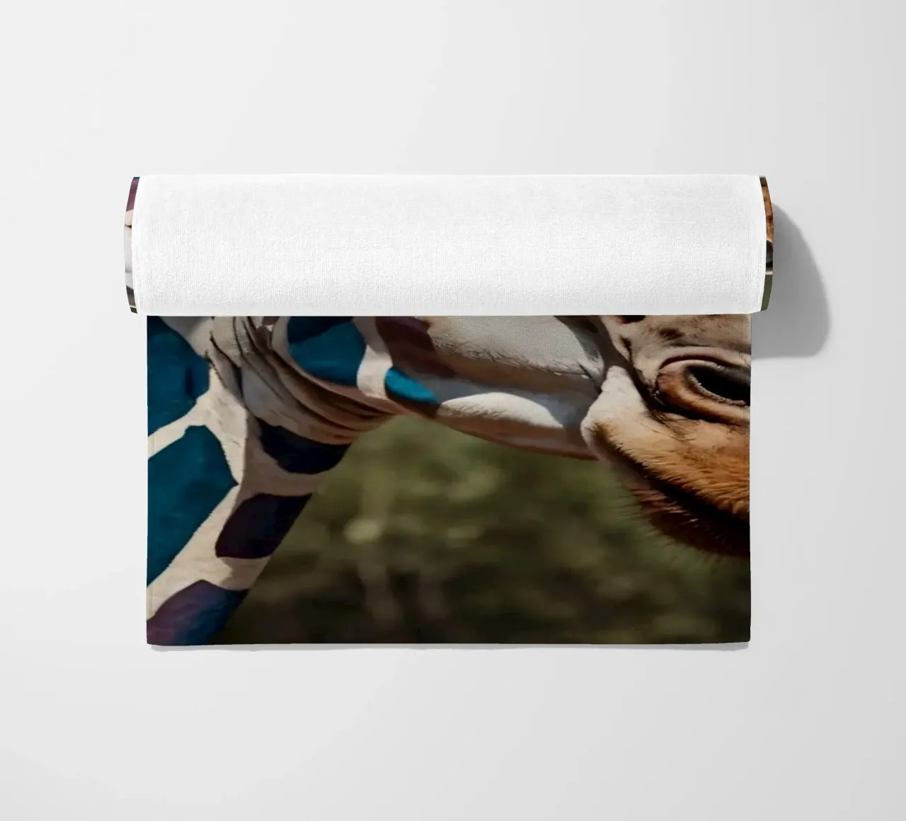 Giraffe with vibrant colors patterns stands gracefully beach towel by DesignDoodle