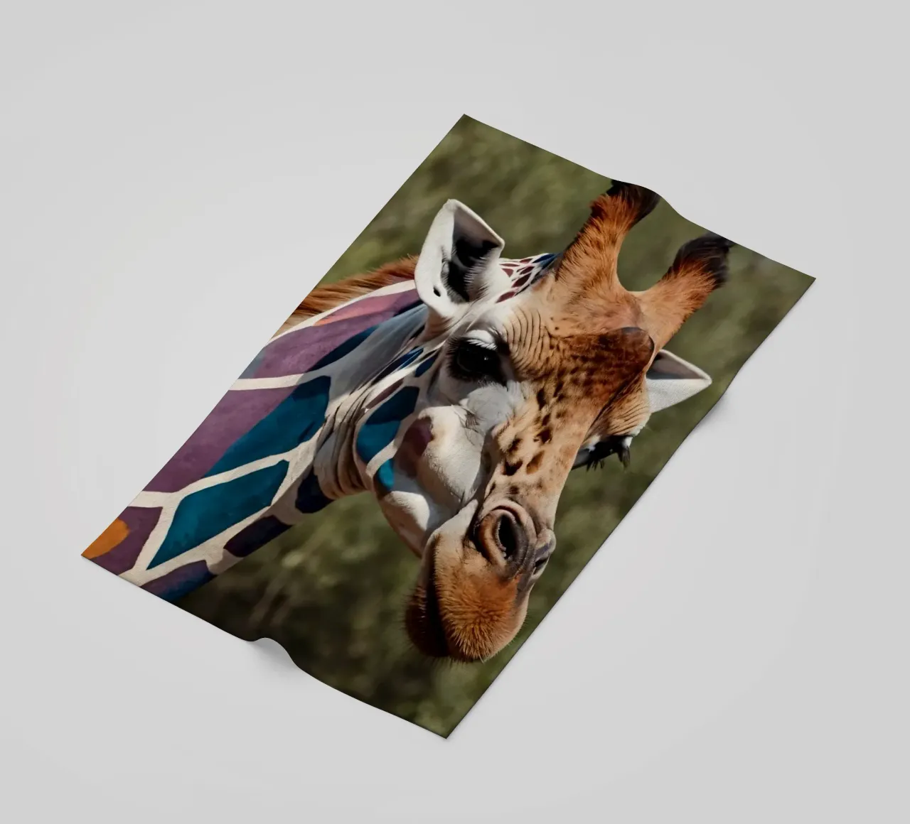 Giraffe with vibrant colors patterns stands gracefully beach towel by DesignDoodle