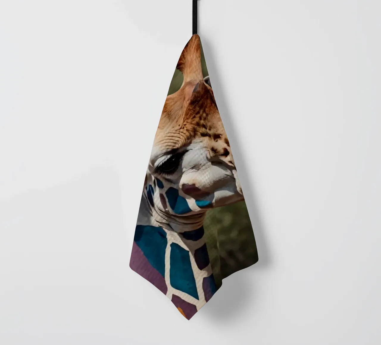 Giraffe with vibrant colors patterns stands gracefully tea towel by DesignDoodle