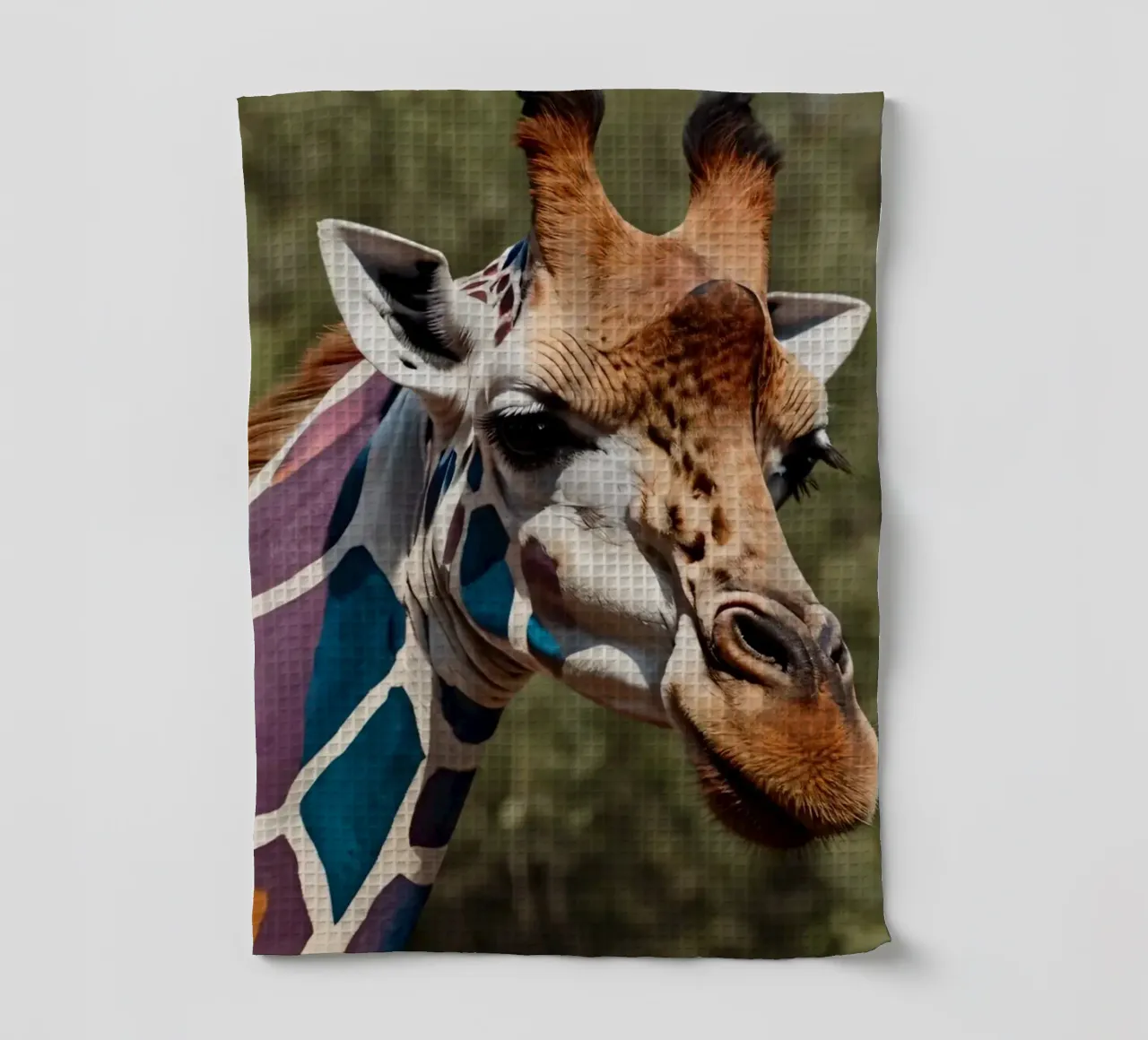 Giraffe with vibrant colors patterns stands gracefully tea towel by DesignDoodle