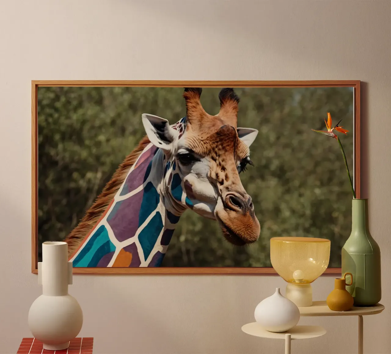 Giraffe with vibrant colors patterns stands gracefully alu-dibond by DesignDoodle