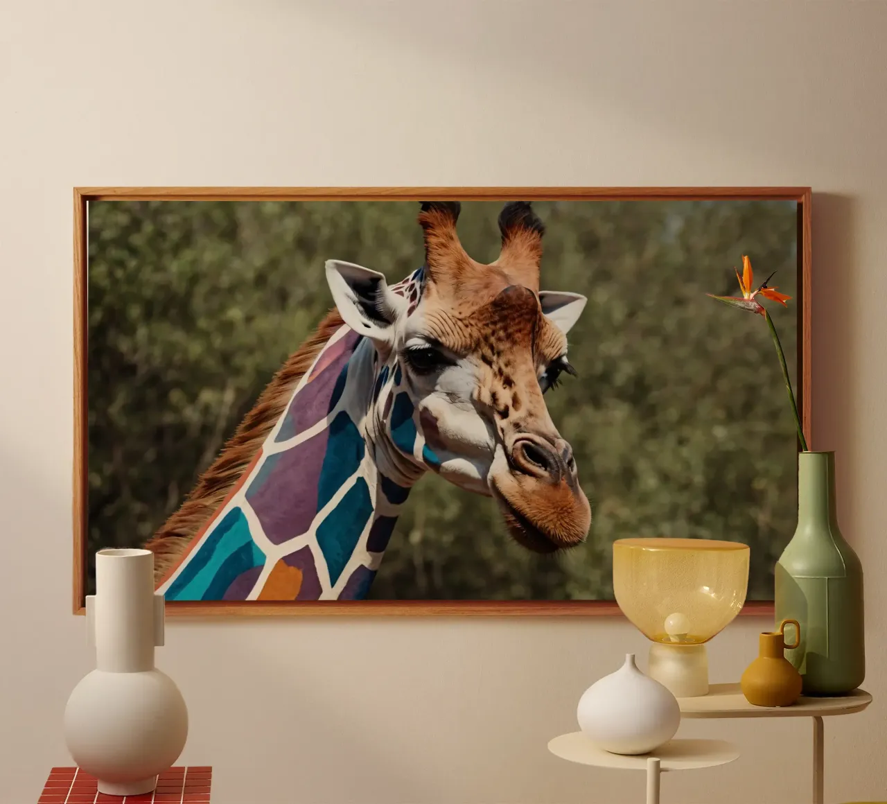 La girafe aux couleurs vibrantes se tient gracieusement debout. toile de DesignDoodle