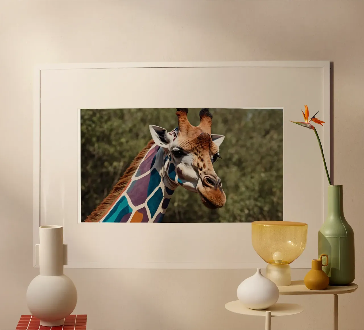 Giraffa con motivi di colori vivaci si erge con grazia carta hahnemühle da DesignDoodle