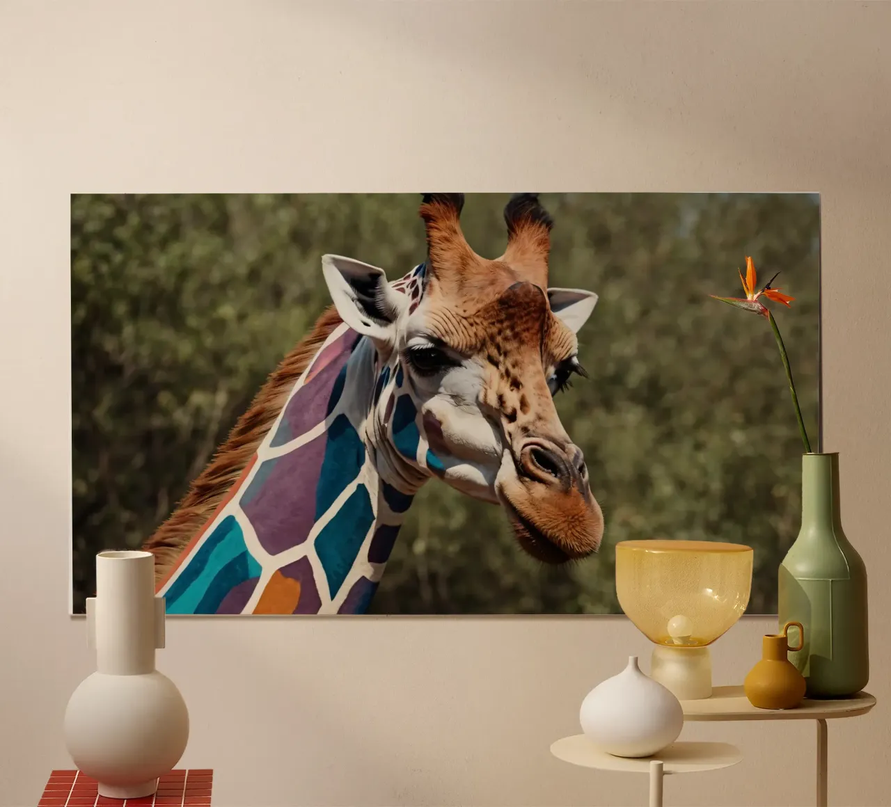 Giraffa con motivi di colori vivaci si erge con grazia carta hahnemühle da DesignDoodle