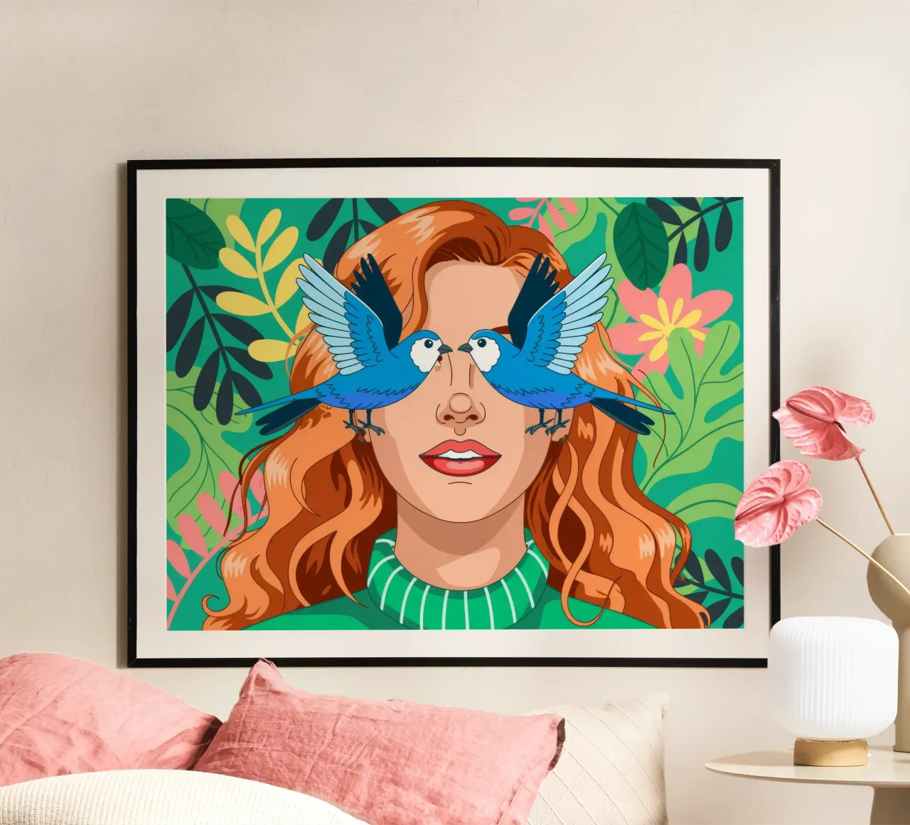 Ailes bleues majestueuses poster avec cadre en bois de Silent Hue