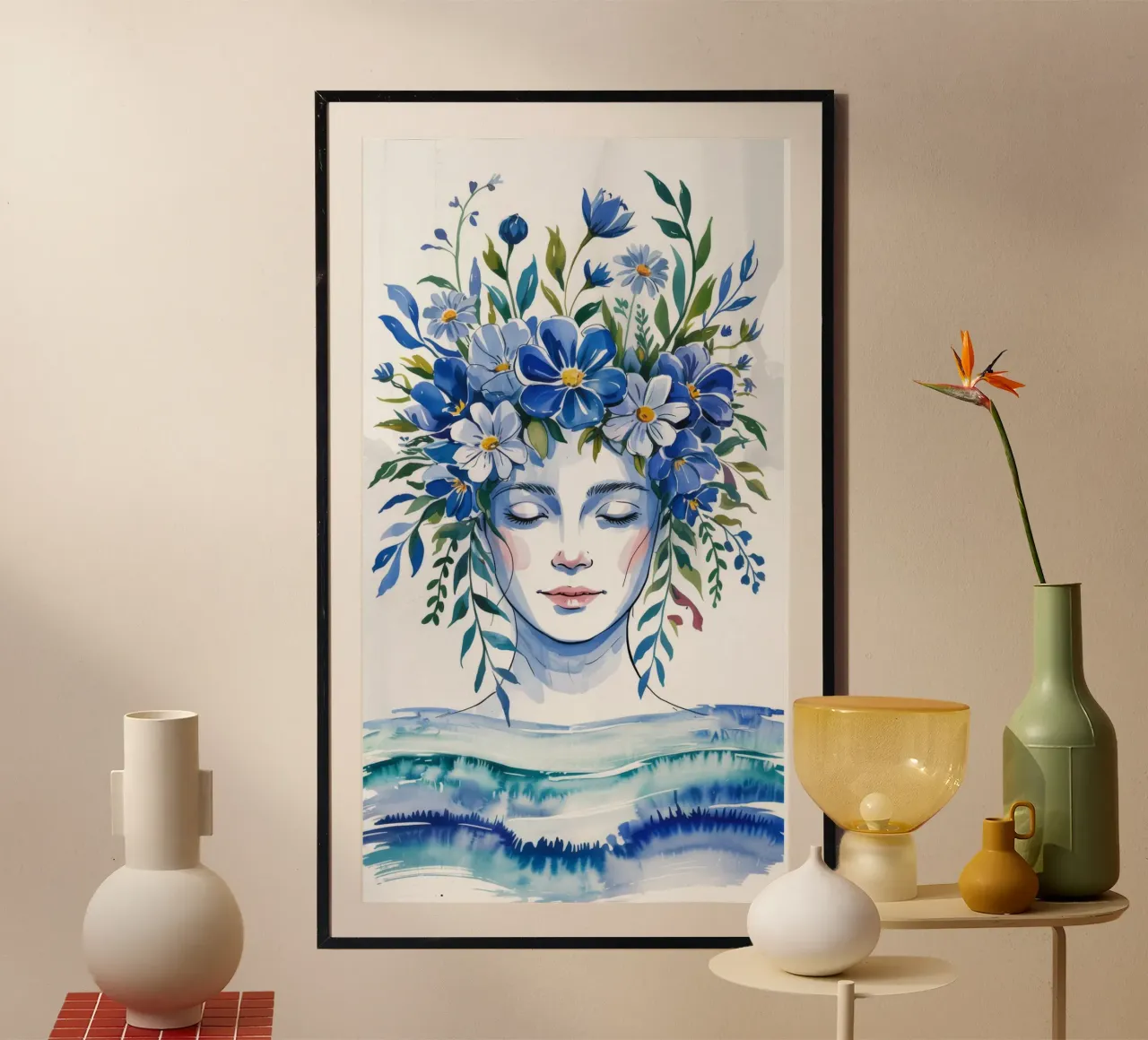 Fiori blu sereni poster con telaio in plastica da Silent Hue