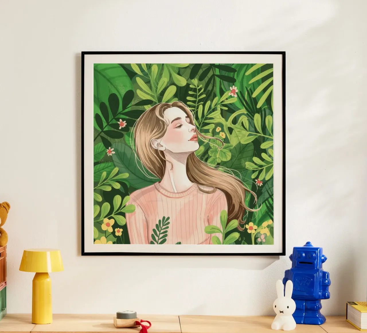 Sussurro di foglie verdeggianti poster con telaio in legno da Silent Hue