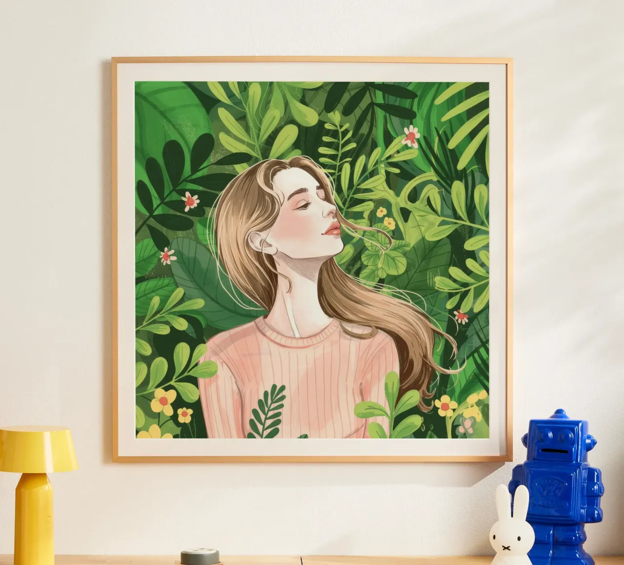 Sussurro di foglie verdeggianti poster con telaio in legno da Silent Hue