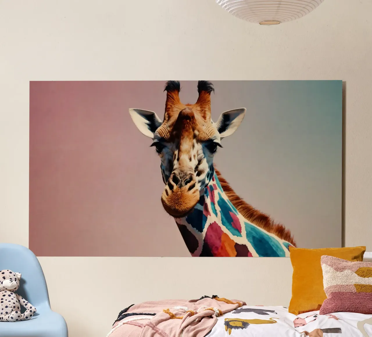 Raffigurazione creativa di una giraffa con colori vivaci alluminio dibond da DesignDoodle