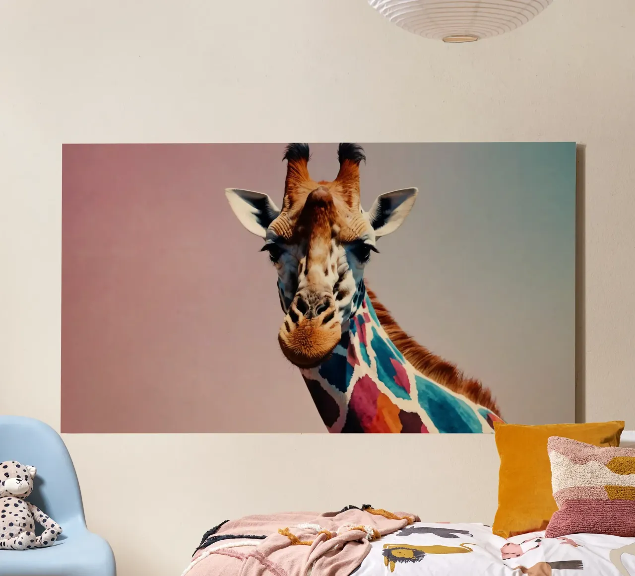Raffigurazione creativa di una giraffa con colori vivaci tela da DesignDoodle