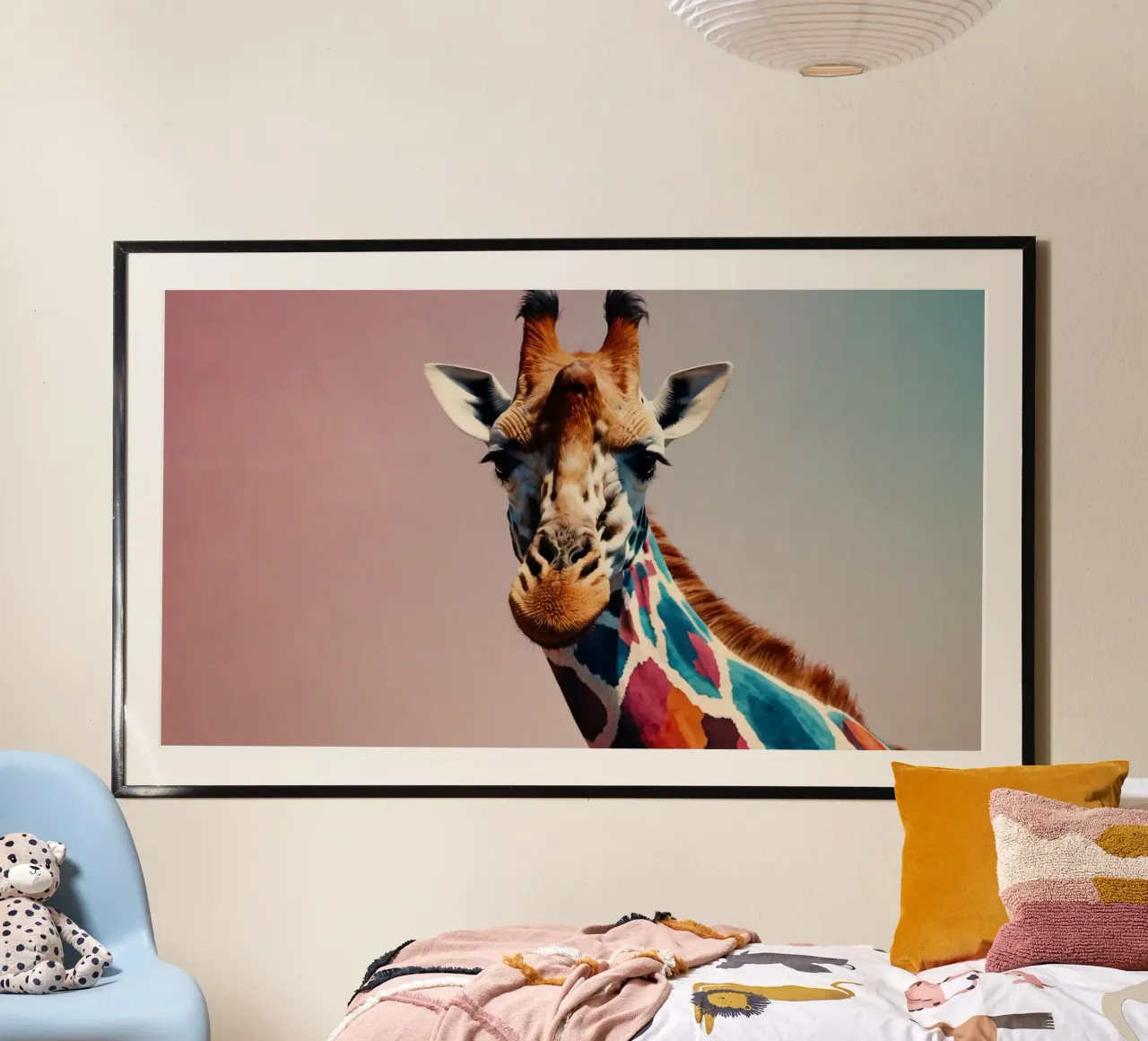 Raffigurazione creativa di una giraffa con colori vivaci carta hahnemühle da DesignDoodle