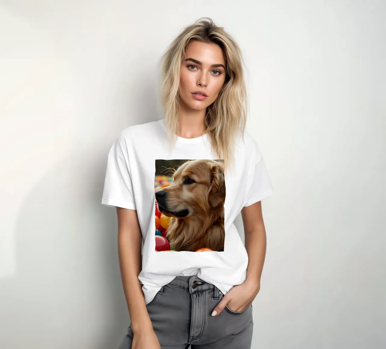 Golden retriever che gioca tra palline di plastica colorate t-shirt da DesignDoodle