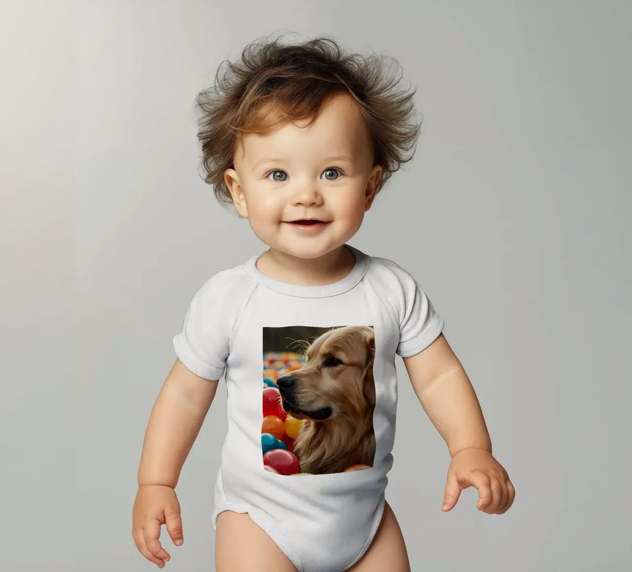 Golden retriever che gioca tra palline di plastica colorate body neonato maniche corte da DesignDoodle
