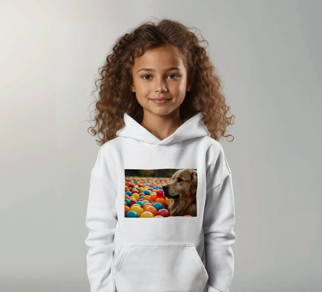 Golden retriever che gioca tra palline di plastica colorate felpa bambino con cappuccio da DesignDoodle