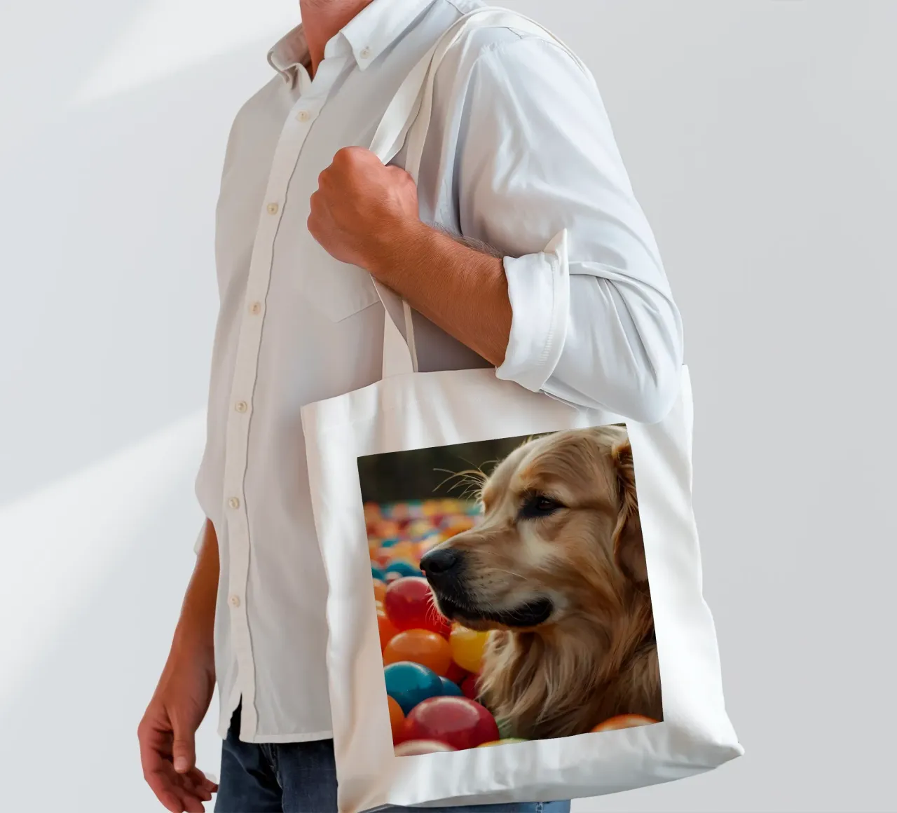Golden retriever che gioca tra palline di plastica colorate borsa in juta da DesignDoodle