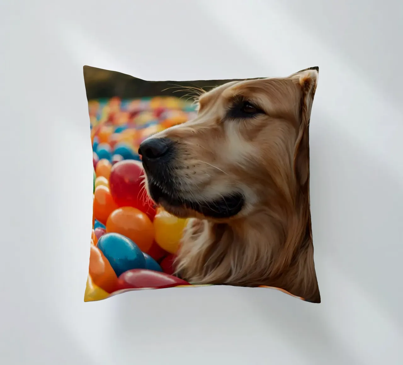 Golden retriever che gioca tra palline di plastica colorate cuscino da DesignDoodle